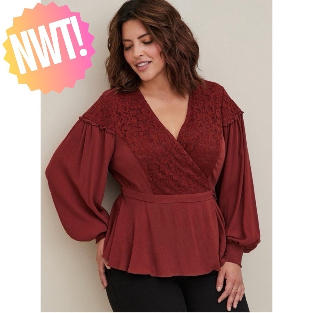 Torrid Crinkle Gauze Lace Inset Surplice Top - Madder Brown